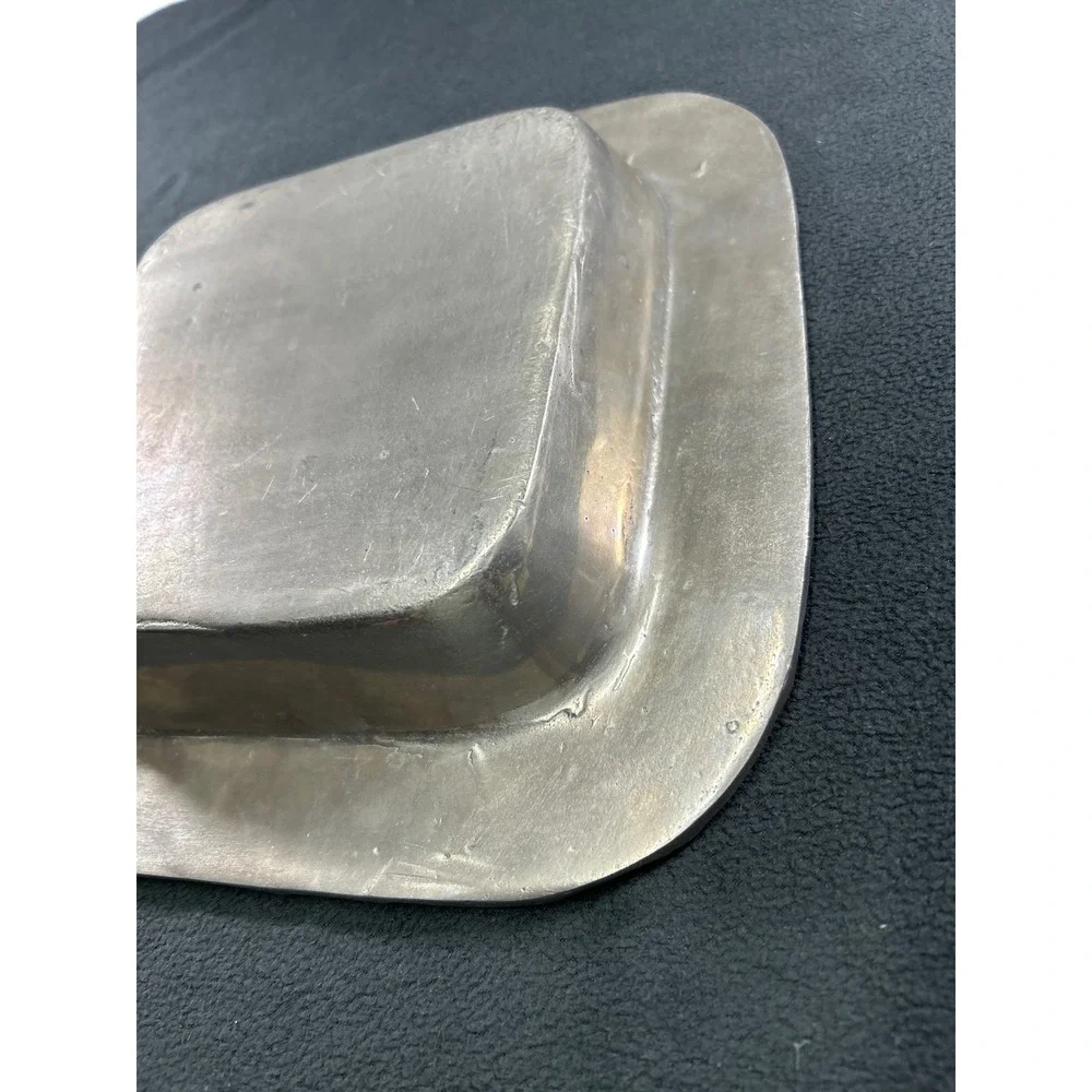 Vintage Pewter Square Serving Bowl Faux Bamboo Rim Chinoiserie Catchall Dish
